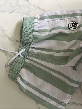 Kids Mint Green & White Striped Swim Trunks